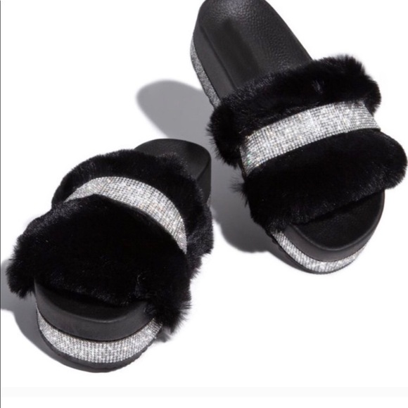 Fur rhinestones platform slides. All fur you - Picture 3 of 4